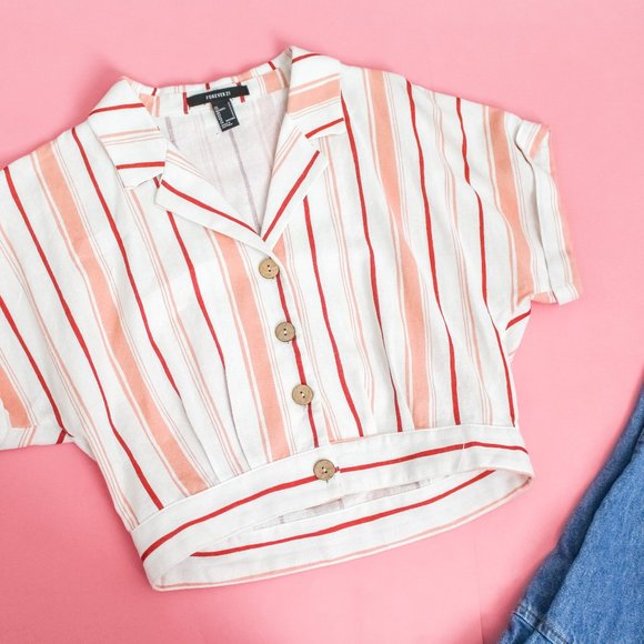 Forever 21 Tops - Pink/Red Cropped Linen Blouse
